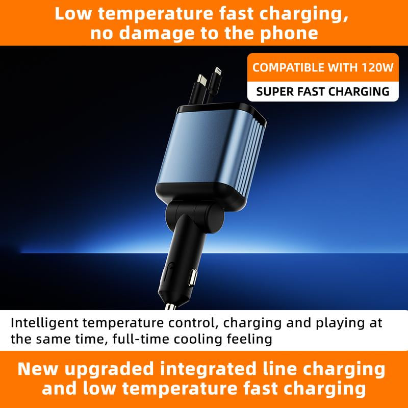 ZL07 Starry Sky Car Charger - 120W Super Fast Charging with Retractable 4-in-1 USB Type-C & Lightning Cables for All Smartphones