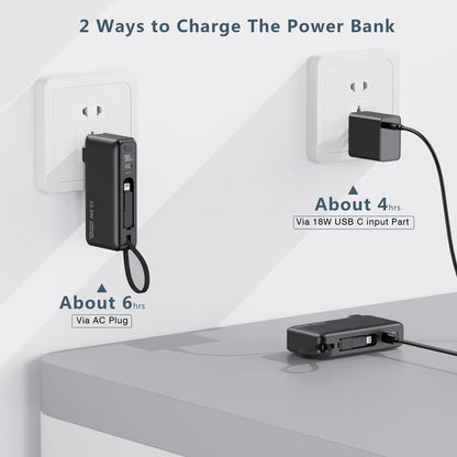 Ultimate Portable Power Bank with AC Wall Plug - 10000mAh, Built-In Cables, 22.5W Fast Charging & Smart LED Display - Perfect Travel Companion for All Your Devices