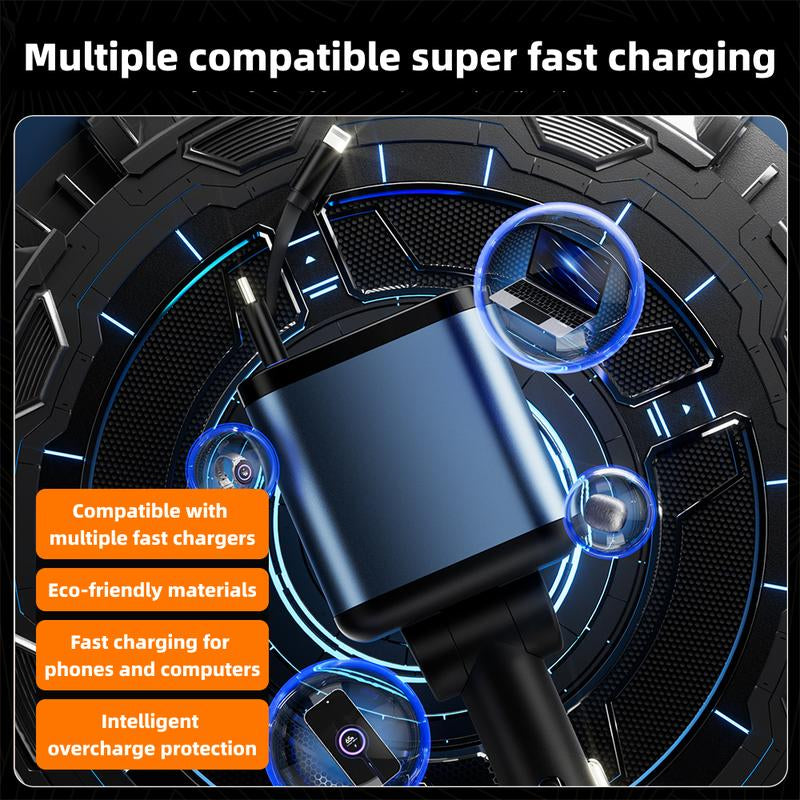 ZL07 Starry Sky Car Charger - 120W Super Fast Charging with Retractable 4-in-1 USB Type-C & Lightning Cables for All Smartphones
