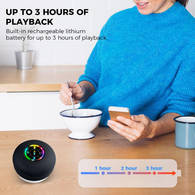 Ultimate Portable Waterproof Bluetooth Speaker with LED Lights - Rechargeable Wireless Design for Home, Bathroom, and Outdoor Fun - Hands-Free Operation in Sleek Black