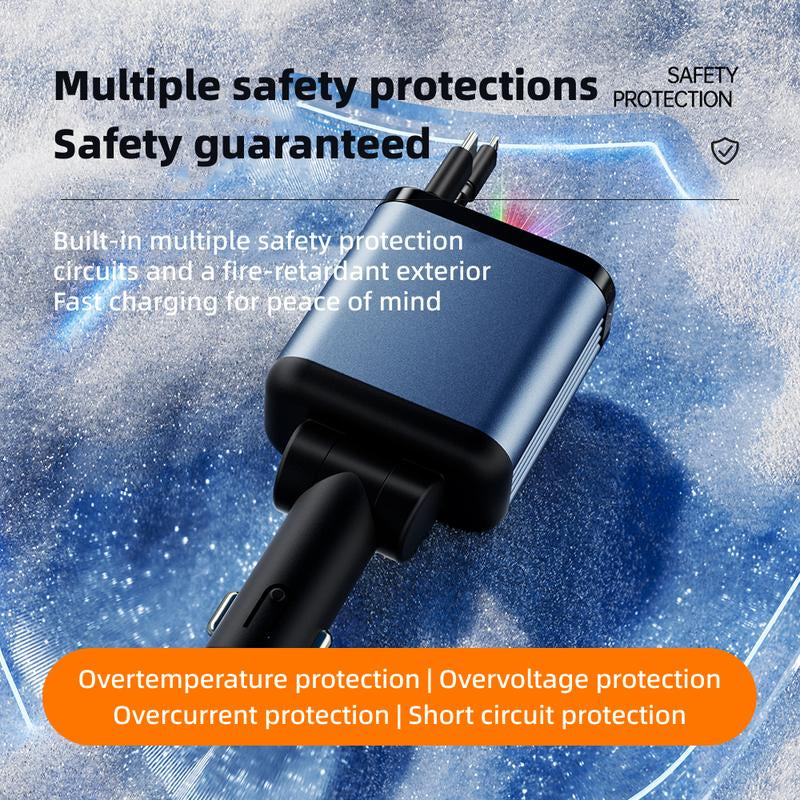 ZL07 Starry Sky Car Charger - 120W Super Fast Charging with Retractable 4-in-1 USB Type-C & Lightning Cables for All Smartphones