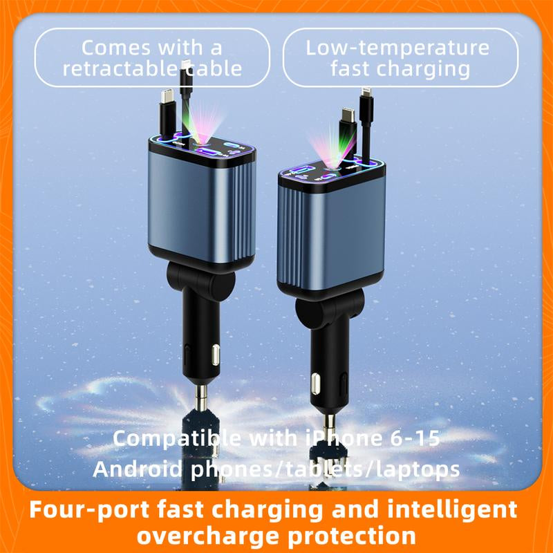 ZL07 Starry Sky Car Charger - 120W Super Fast Charging with Retractable 4-in-1 USB Type-C & Lightning Cables for All Smartphones