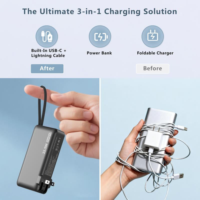 Ultimate Portable Power Bank with AC Wall Plug - 10000mAh, Built-In Cables, 22.5W Fast Charging & Smart LED Display - Perfect Travel Companion for All Your Devices