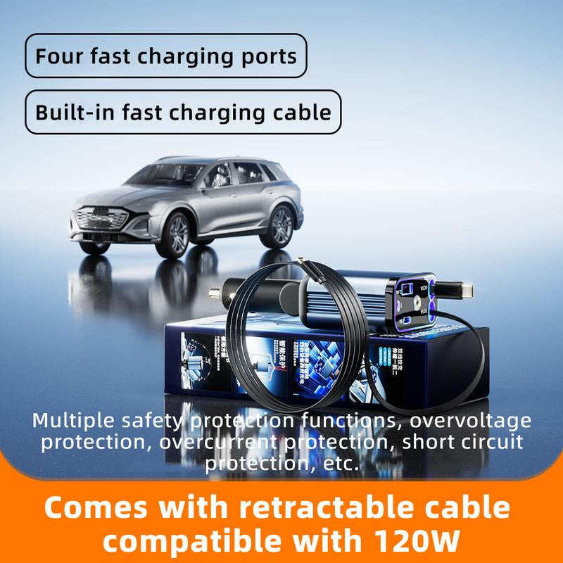 ZL07 Starry Sky Car Charger - 120W Super Fast Charging with Retractable 4-in-1 USB Type-C & Lightning Cables for All Smartphones