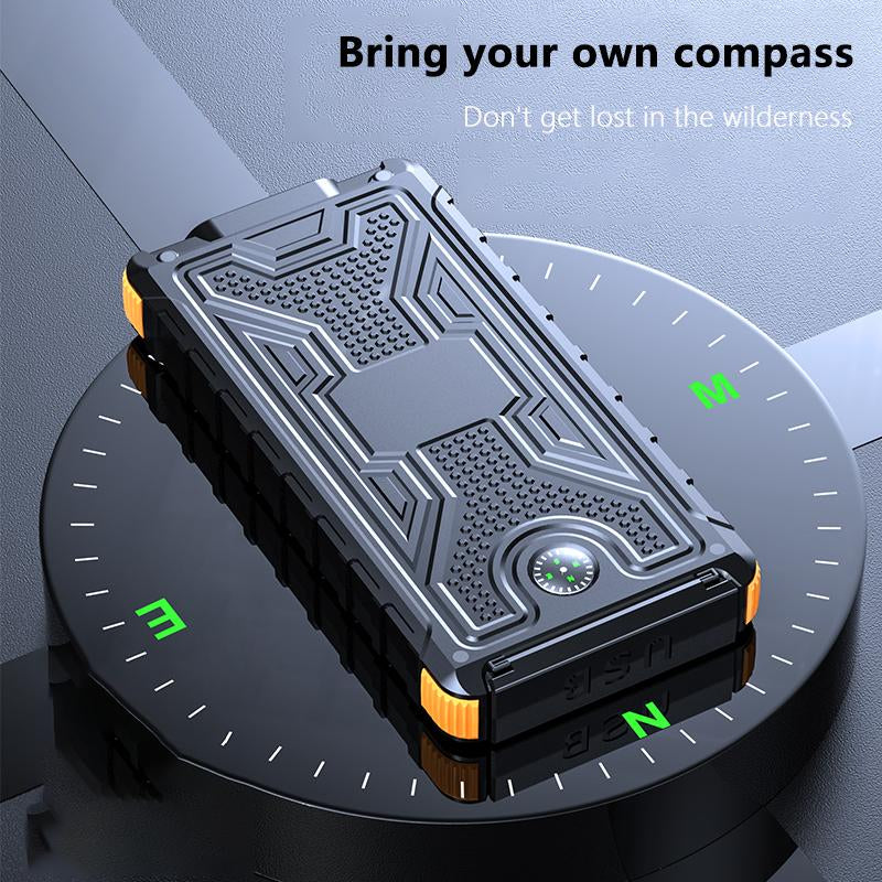 Power Up Your Adventures with the 10000mAh Solar Power Bank - Waterproof, Shockproof, and Fast Charging with Dual LED Flashlight and Compass!