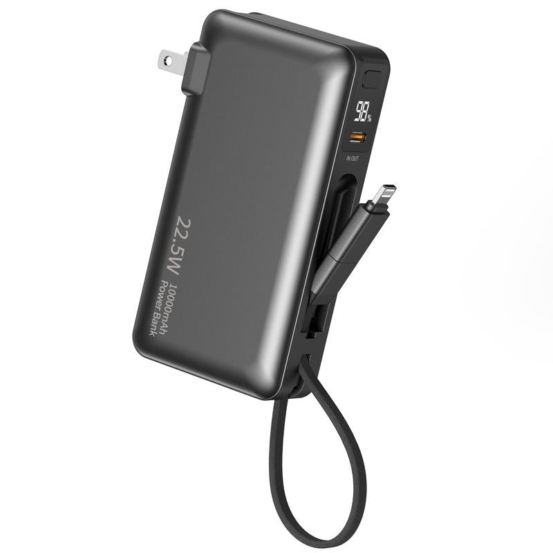 Ultimate Portable Power Bank with AC Wall Plug - 10000mAh, Built-In Cables, 22.5W Fast Charging & Smart LED Display - Perfect Travel Companion for All Your Devices