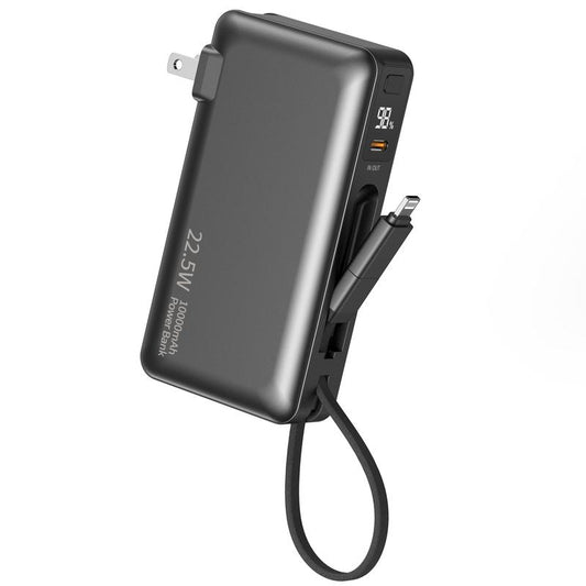 Ultimate Portable Power Bank with AC Wall Plug - 10000mAh, Built-In Cables, 22.5W Fast Charging & Smart LED Display - Perfect Travel Companion for All Your Devices