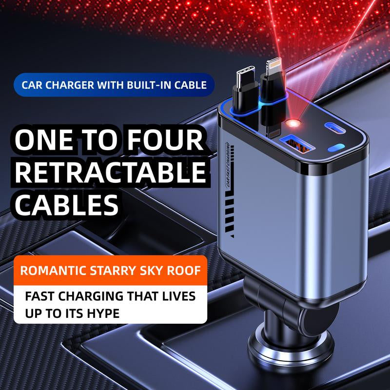 ZL07 Starry Sky Car Charger - 120W Super Fast Charging with Retractable 4-in-1 USB Type-C & Lightning Cables for All Smartphones