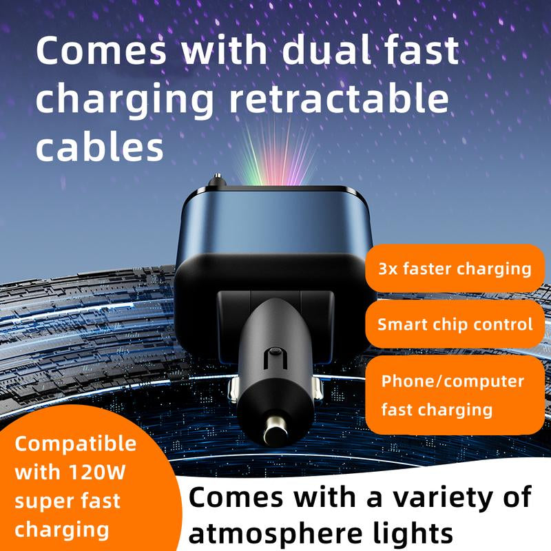 ZL07 Starry Sky Car Charger - 120W Super Fast Charging with Retractable 4-in-1 USB Type-C & Lightning Cables for All Smartphones