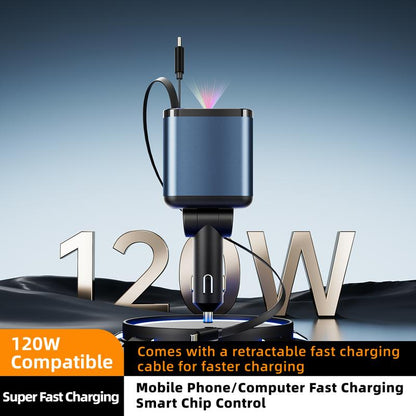 ZL07 Starry Sky Car Charger - 120W Super Fast Charging with Retractable 4-in-1 USB Type-C & Lightning Cables for All Smartphones