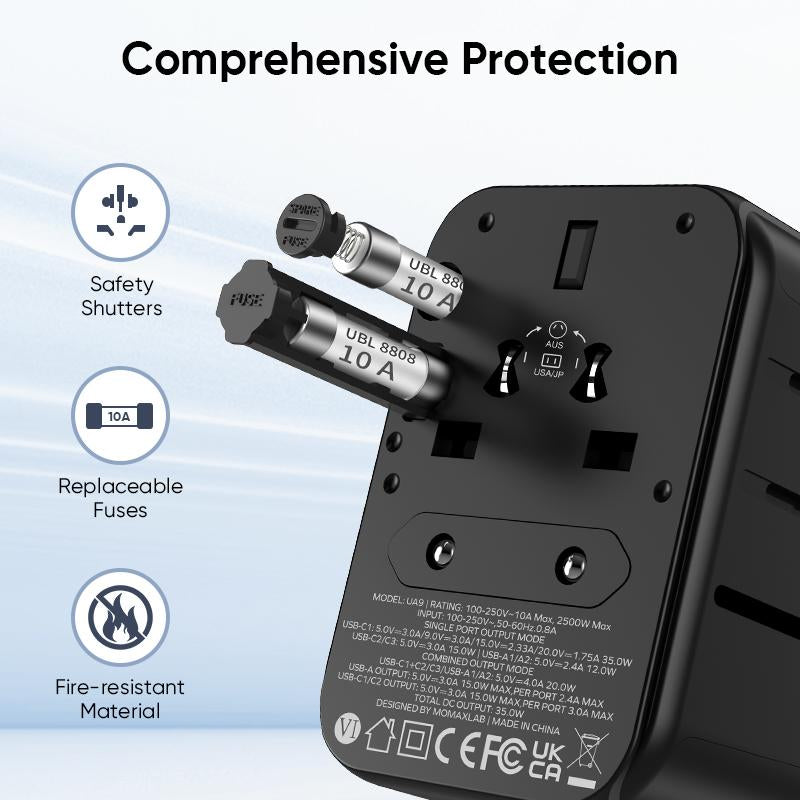 MOMAX UA9 Universal Travel Adapter - 35W PD Fast Charging with 5 Ports for Global Adventures