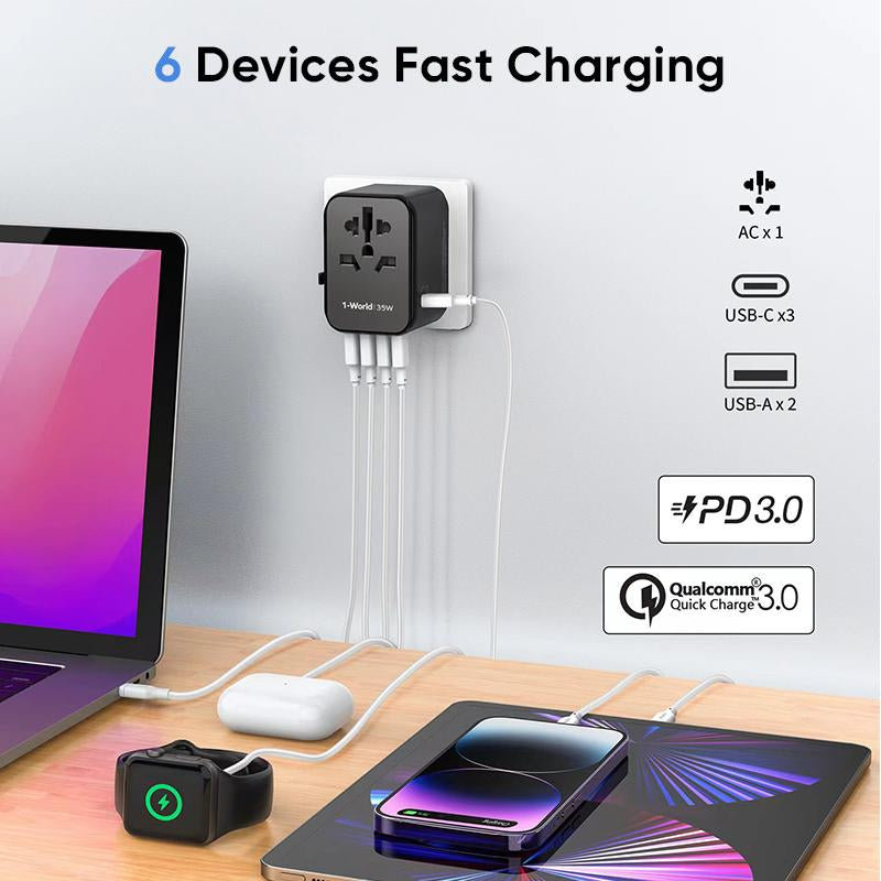 MOMAX UA9 Universal Travel Adapter - 35W PD Fast Charging with 5 Ports for Global Adventures