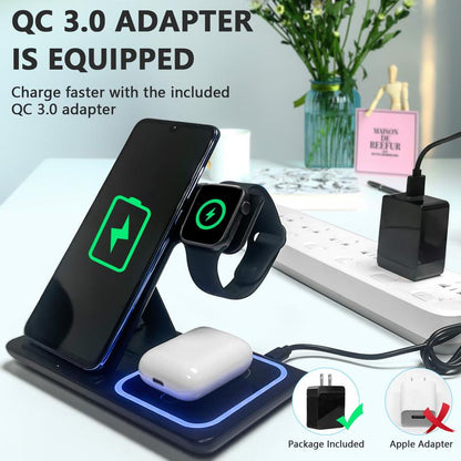Ultimate 3-in-1 Wireless Charging Station: Fast Charge Your Apple & Samsung Devices with Ease - Includes QC 3.0 Adapter!