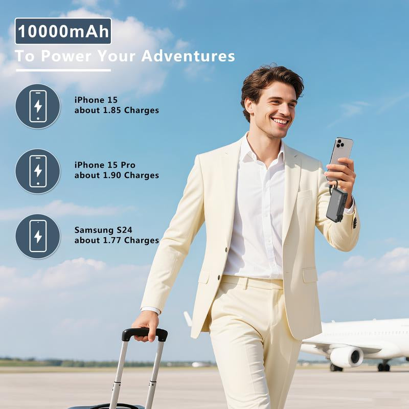 Ultimate Portable Power Bank with AC Wall Plug - 10000mAh, Built-In Cables, 22.5W Fast Charging & Smart LED Display - Perfect Travel Companion for All Your Devices