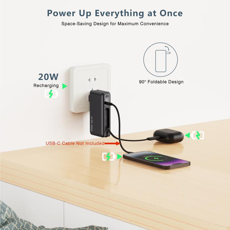 Ultimate Portable Power Bank with AC Wall Plug - 10000mAh, Built-In Cables, 22.5W Fast Charging & Smart LED Display - Perfect Travel Companion for All Your Devices