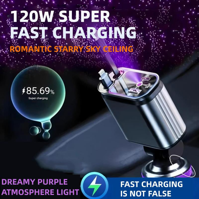 ZL07 Starry Sky Car Charger - 120W Super Fast Charging with Retractable 4-in-1 USB Type-C & Lightning Cables for All Smartphones
