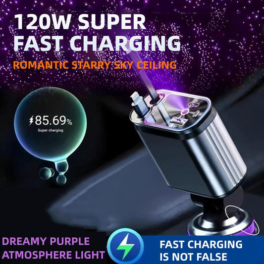 ZL07 Starry Sky Car Charger - 120W Super Fast Charging with Retractable 4-in-1 USB Type-C & Lightning Cables for All Smartphones