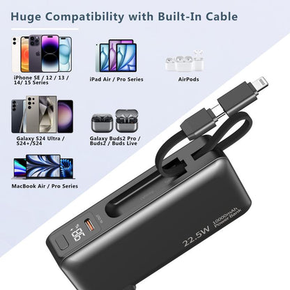 Ultimate Portable Power Bank with AC Wall Plug - 10000mAh, Built-In Cables, 22.5W Fast Charging & Smart LED Display - Perfect Travel Companion for All Your Devices